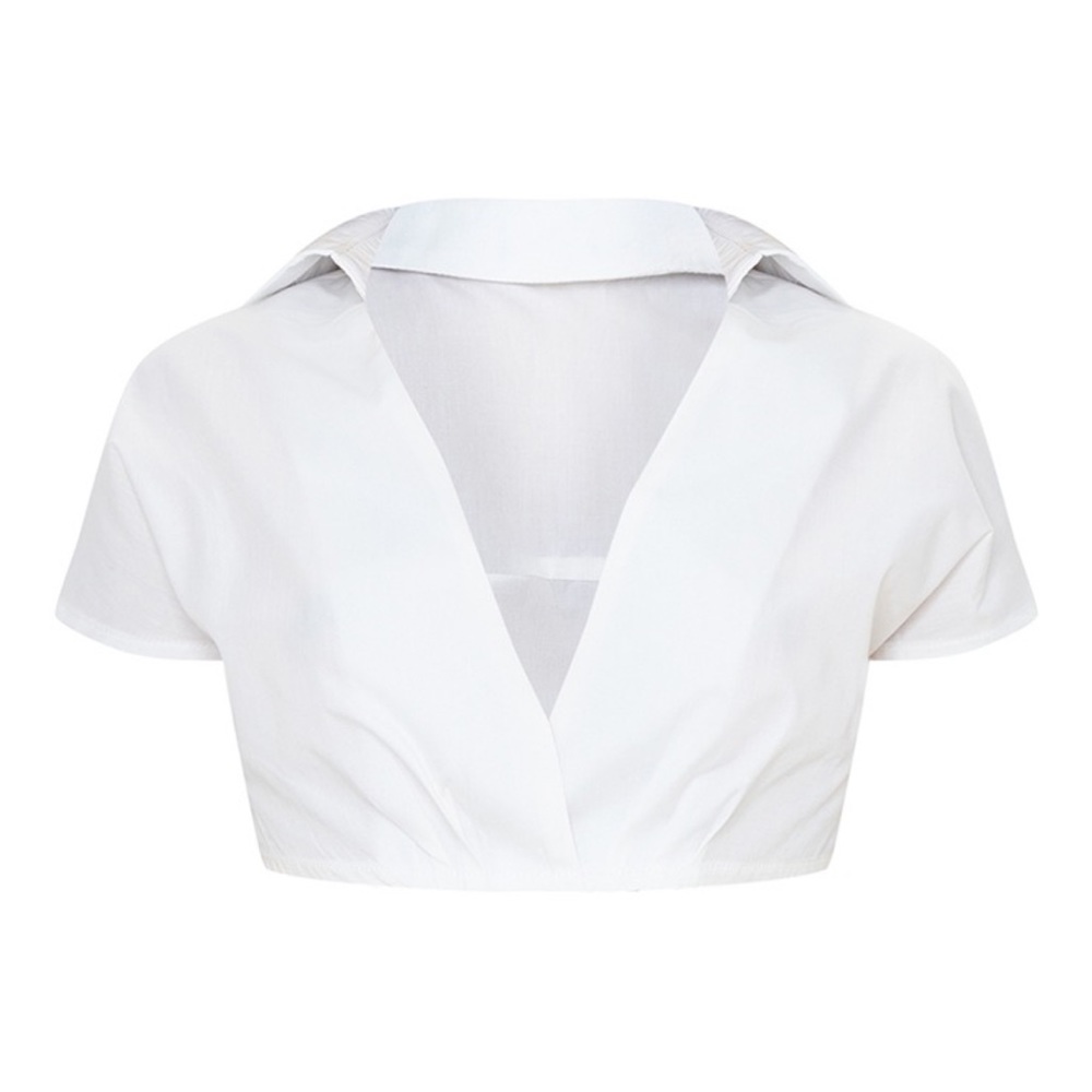 Prettylittlething Petite Shortsleeved White Collared Plunge Cropped Blouse